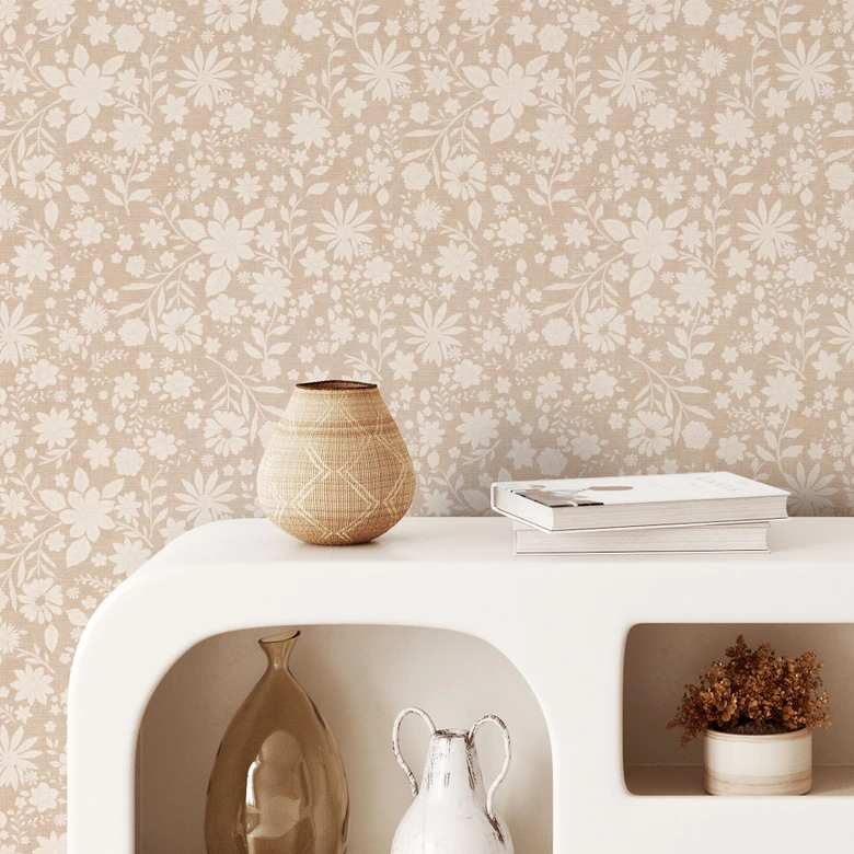 Florale Mustertapete Vintage Blumen in Leinenoptik - Bloomery Decor 