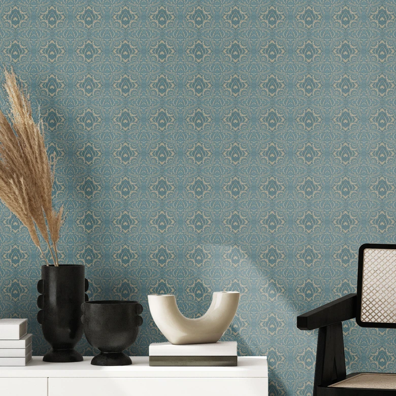 Mustertapete Vintage Mandala in Türkisgold - Bloomery Decor 