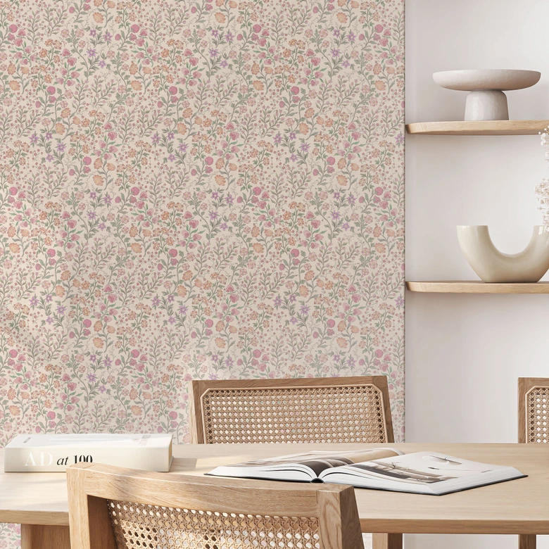 Florale Mustertapete Wiesenblumen Vintage - Beige - Bloomery Decor 