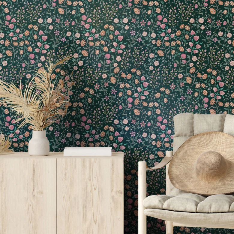 Florale Mustertapete Wiesenblumen Vintage - Dunkelgrün - Bloomery Decor 