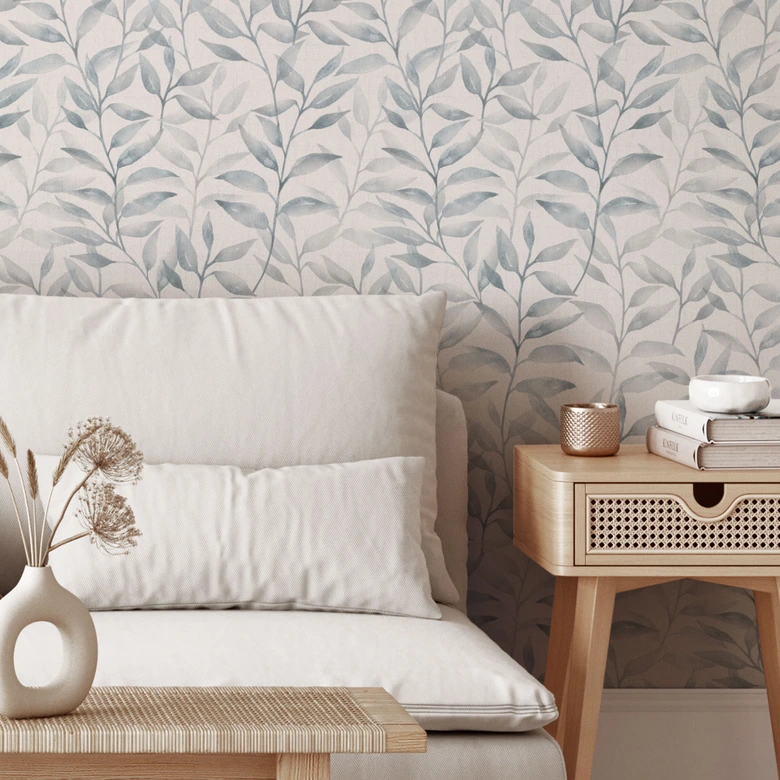 Mustertapete Zarte Aquarell-Blätter - Soft Grau - Bloomery Decor 