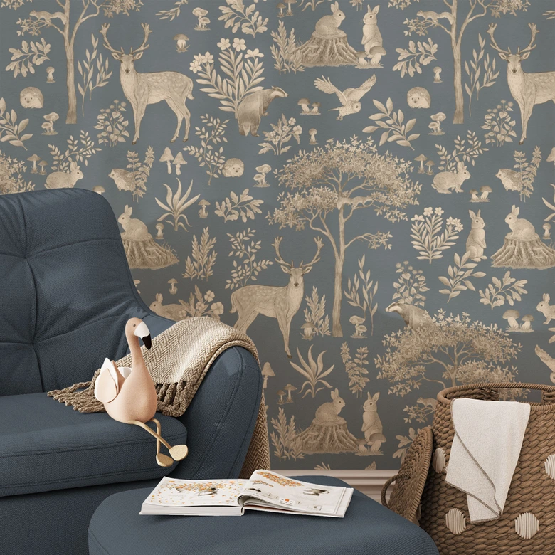Patroonbehang betoverend bos met dieren - vintage blauw - Kikki Belle 