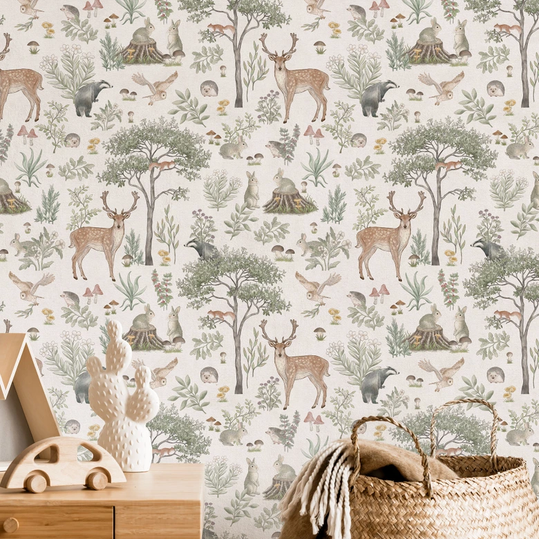 Mustertapete Bezaubernder Wald mit Tieren - Vintage creme - Kikki Belle 