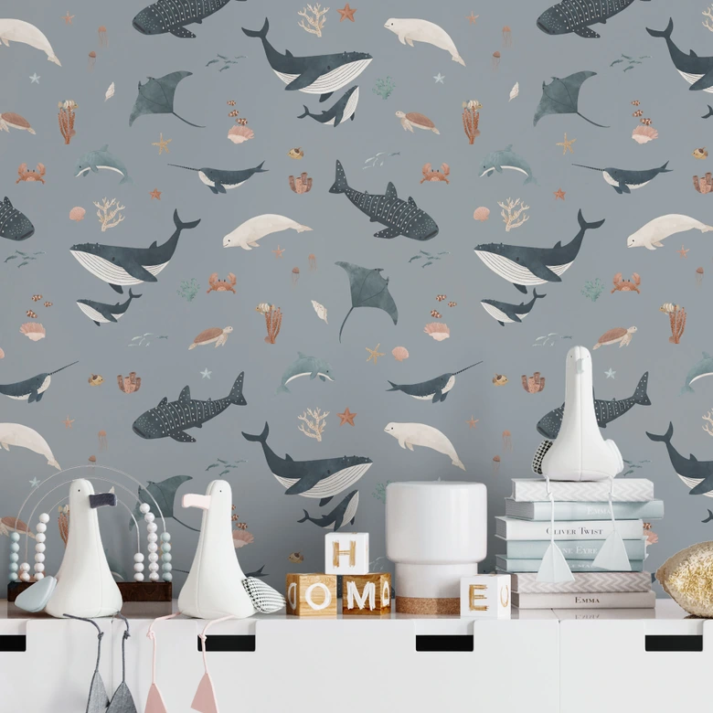 Mustertapete Maritime Unterwasserwelt – Wale und Meerestiere - Kikki Belle 