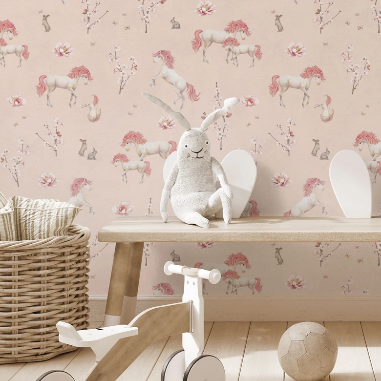 Mustertapete Verzauberte Einhörner mit Kirschblüten - Kikki Belle 