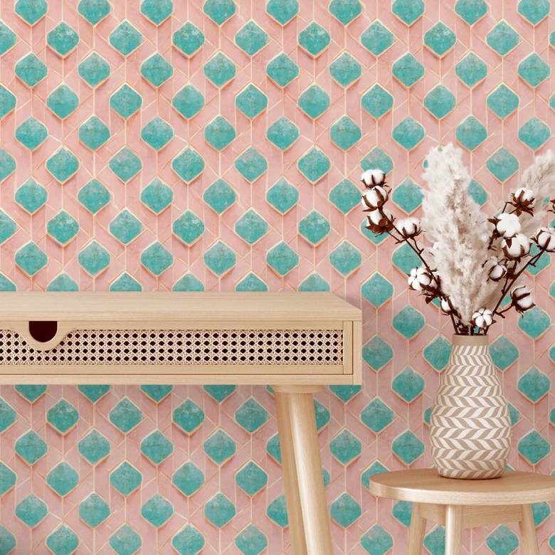 Patroonbehang in turquoise en roze - Treechild 