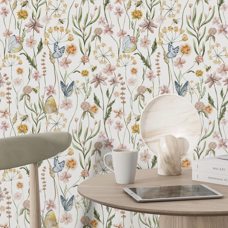 Patterned Wallpaper Spring meadow with butterflies - UN Designs 