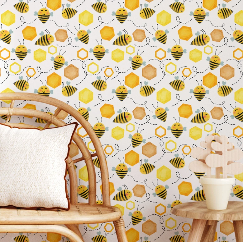 Mustertapete für das Kinderzimmer - Süße Bienen mit Waben - UN Designs 