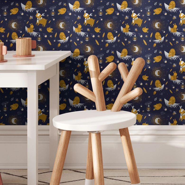 Mustertapete für das Kinderzimmer - Waldtiere in der Nacht - UN Designs 