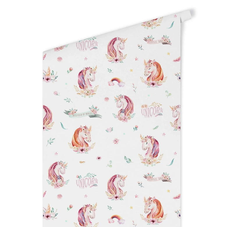 Mustertapete Kvilis - Einhorn - Banner und Blumen 
