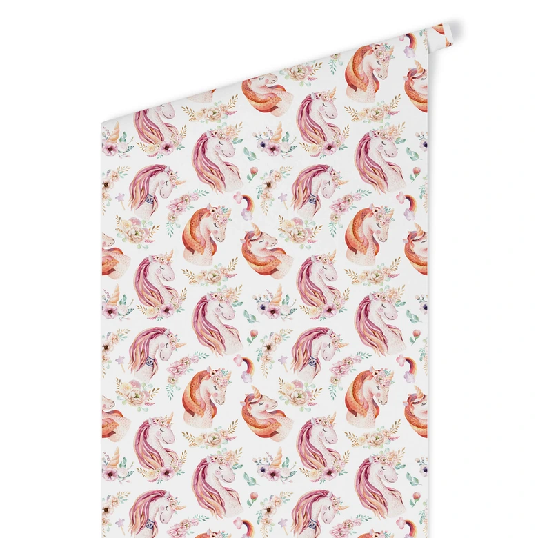 Papier peint à motifs Kvilis - Licorne - Couronne de fleurs 