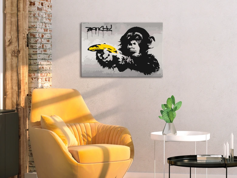 Canvas schilderij - Aap met banaan (Banksy) - 50x40 cm - met spieraam - opgespannen 