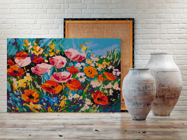 Canvas schilderij - Kleurrijke veldbloemen - 50x40 cm - met spieraam - opgespannen 