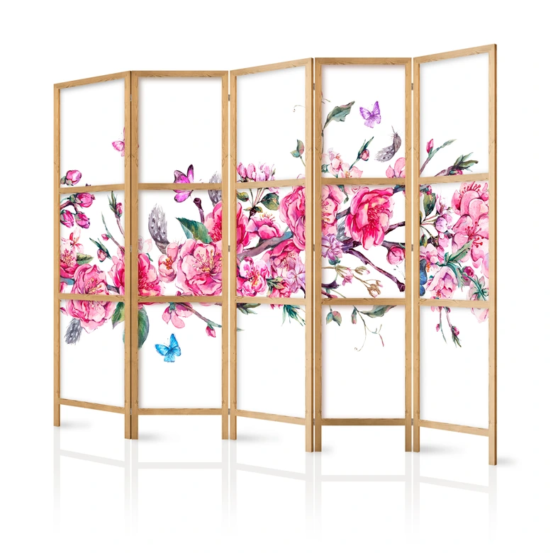 Japanischer Paravent, Raumteiler freistehend, Trennwand - Japanischer Stil: Blumen und Schmetterlinge 