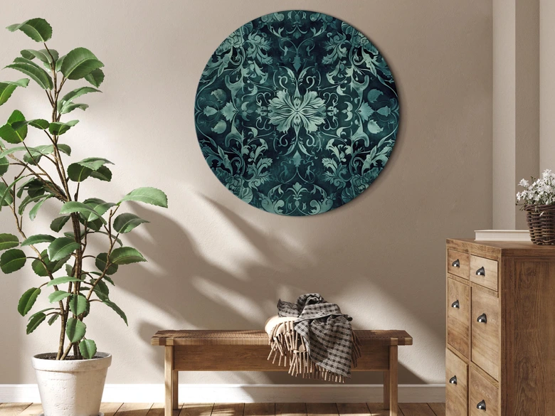 Rundes Leinwandbild Orientteppich Muster: Smaragdfarbene Ornamente und verwaschene Muster 