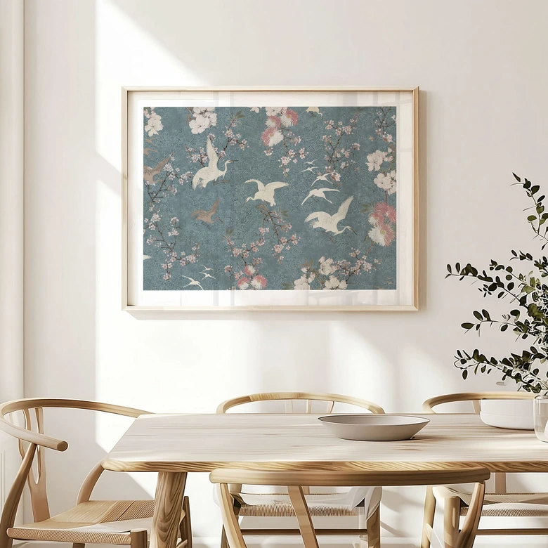 Poster Kraniche im Kirschblüten-Rausch Blau - Bloomery Decor 