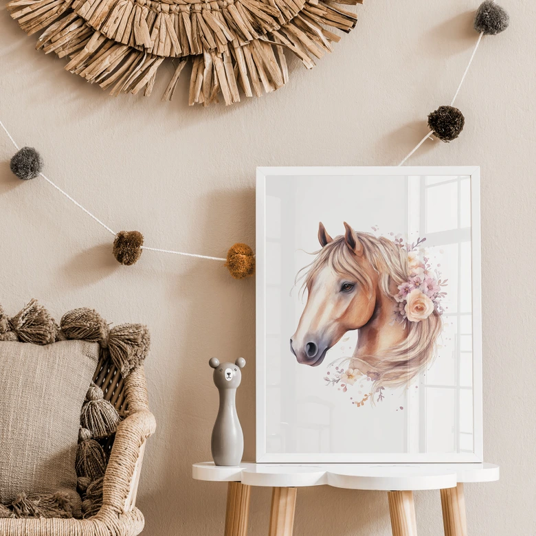 Poster Cheval Boho avec crinière de fleurs | Portrait de cheval pour la chambre d'enfant 