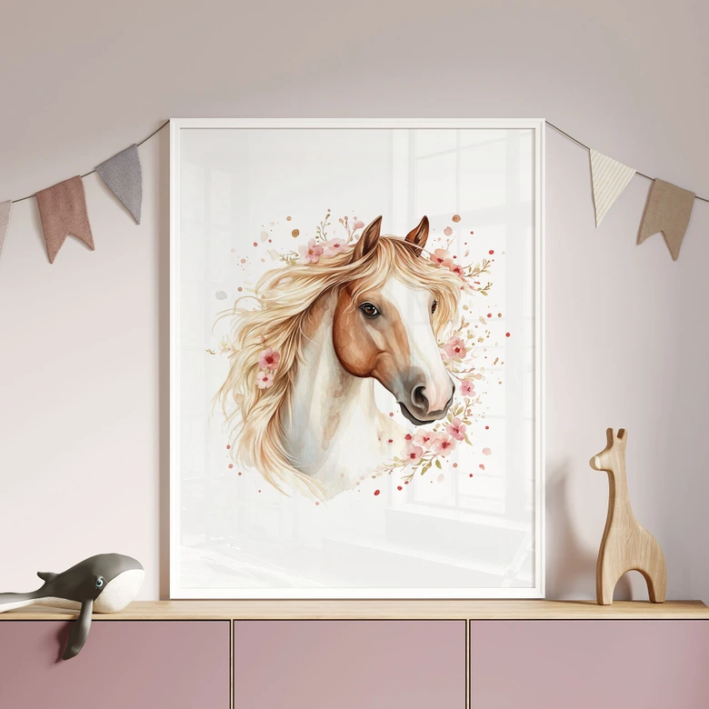 Poster Cheval Boho avec fleurs délicates | Motif cheval romantique pour chambre d'enfant 