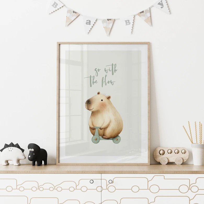 Kinderposter Capybara auf Roller - Flow Spruch 