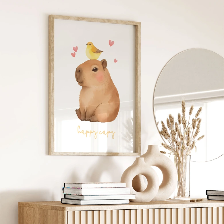 Póster para niños - Capibara con pájaro - Happy Capy 