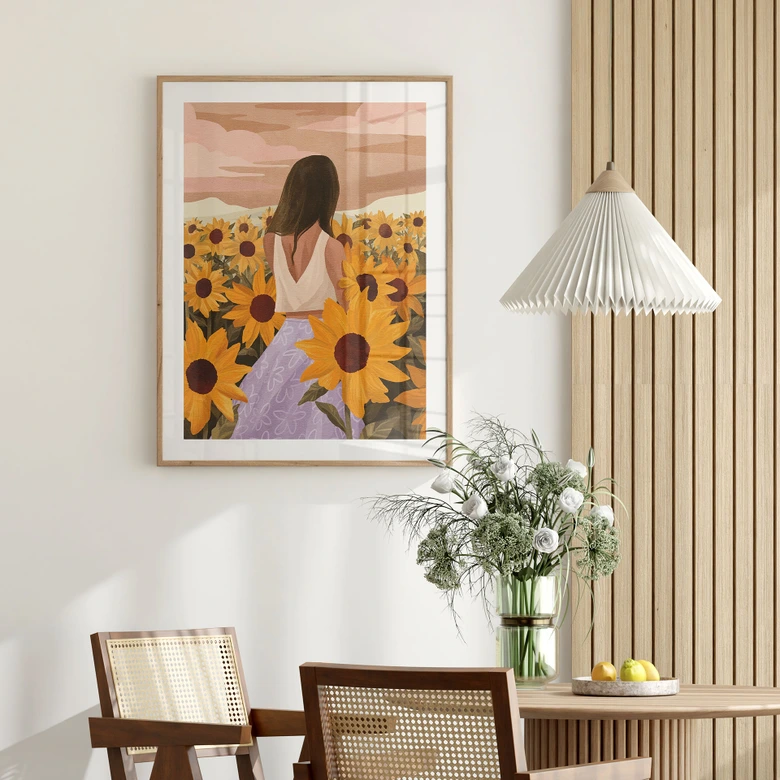 Plakat Kvinde i en mark med solsikker - Goed Blauw 