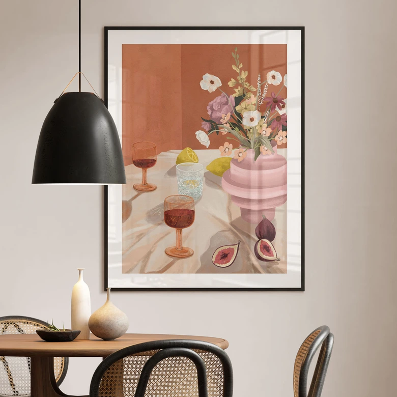 Poster Sommer Stillleben mit Blumen und Wein - Goed Blauw 
