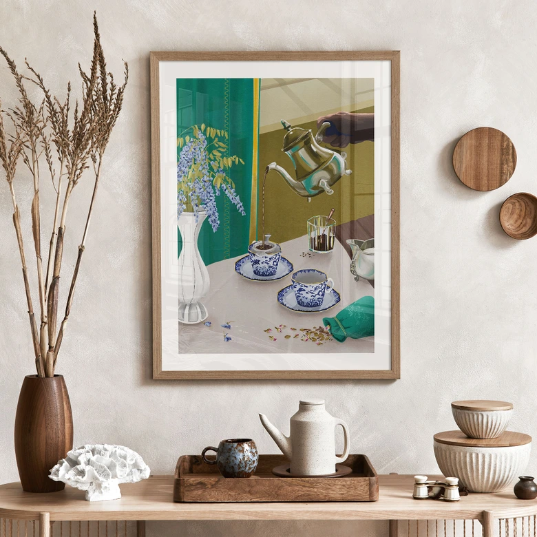 Poster Teepause mit blauem Porzellan - Goed Blauw 