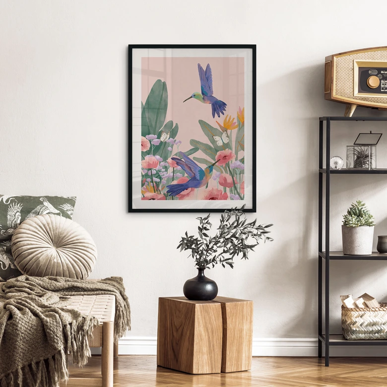 Poster Zwei Kolibris auf der bunten Blumenwiese - Goed Blauw 
