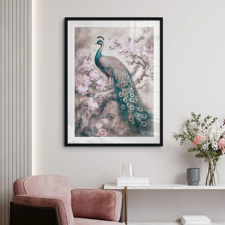 Poster Paon avec des fleurs - Haase 