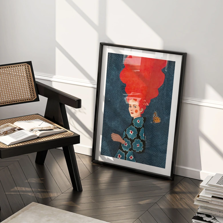 Poster Frau im Blumenkleid mit Schmetterling - Hülya 