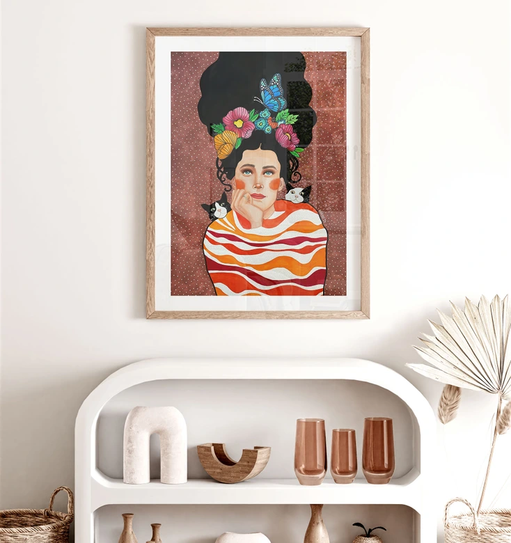Poster Frau mit Blumenkrone und Katzen - Hülya 