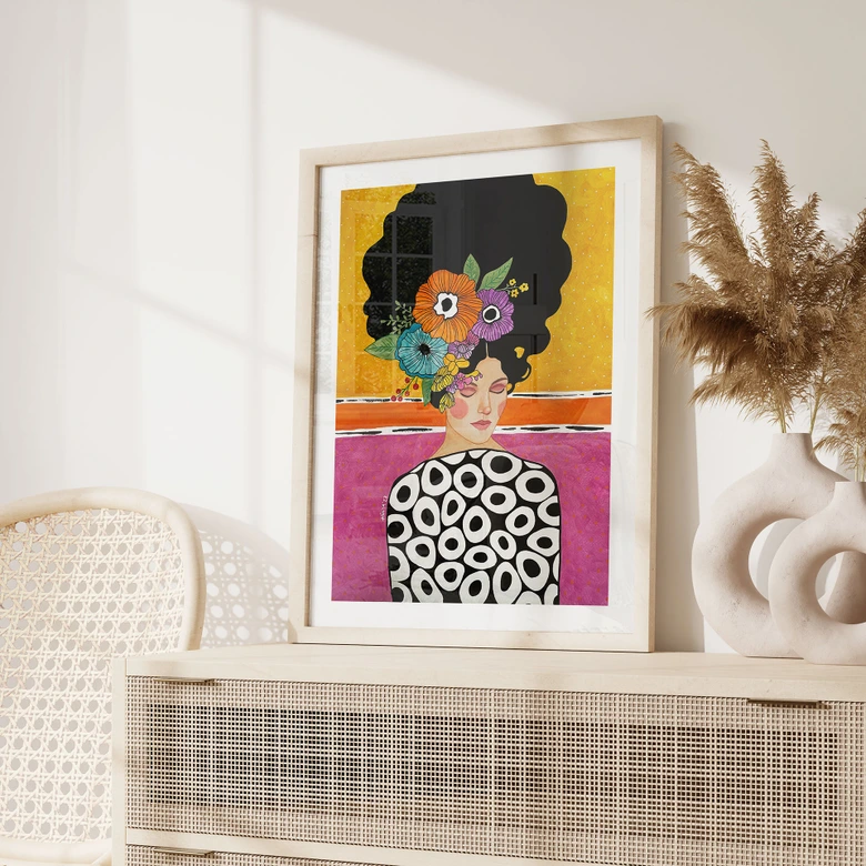 Poster Porträtmalerei - Frau mit bunter Blumenkrone - Hülya 