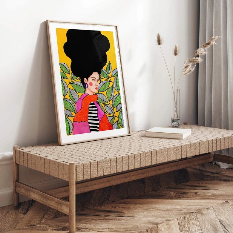 Poster Frau mit grün-weißen Blättern - Hülya 