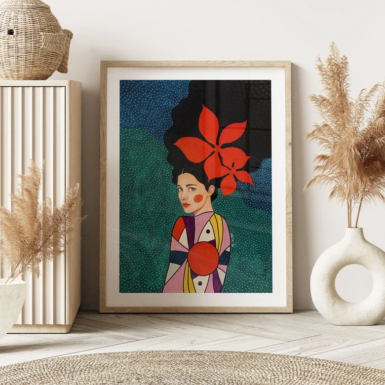 Poster Frau mit roten Blüten und Musterkleid - Hülya 