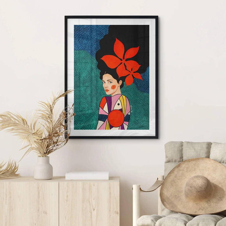 Poster Frau mit roten Blumen im Haar - Hülya 