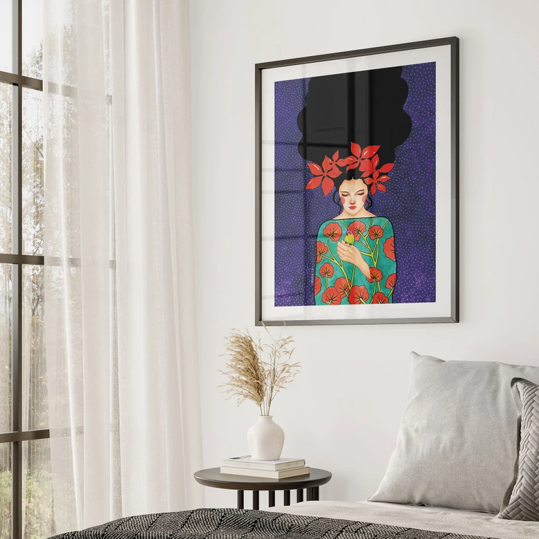 Poster Porträt - Frau mit roter Blütenkrone und Vogel - Hülya 