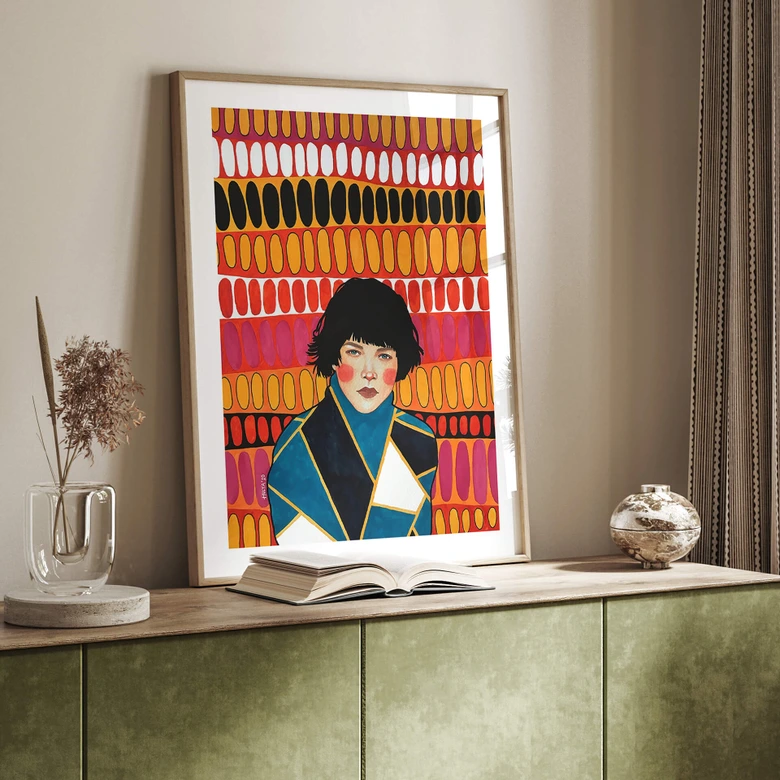 Poster Frau vor der bunten Retro-Tapete - Hülya 