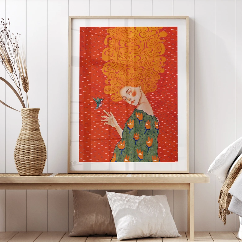 Poster Kolibri und Frau im roten Licht - Hülya 