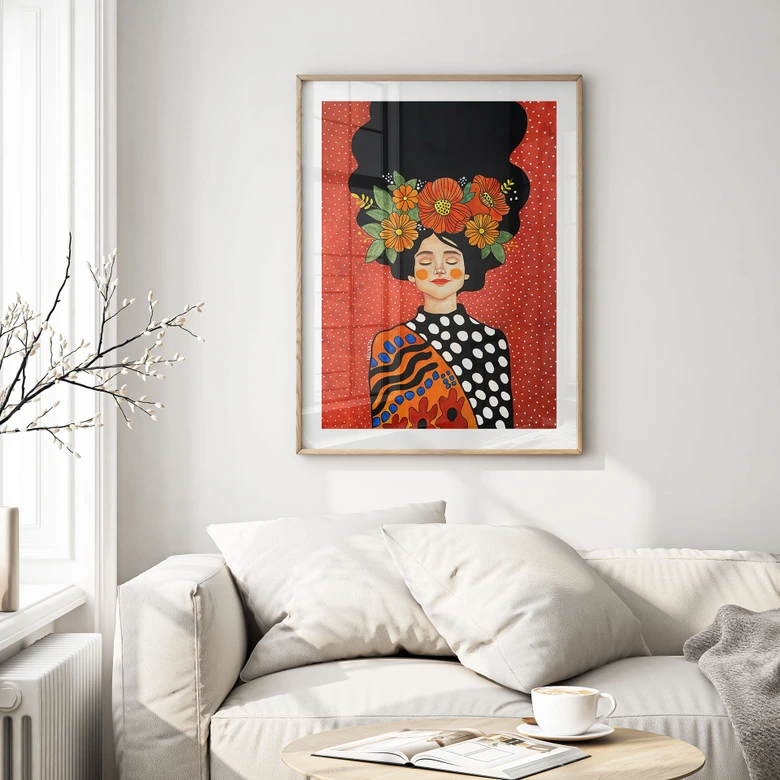 Poster Lächelnde Frau mit orangen Blumen - Hülya 