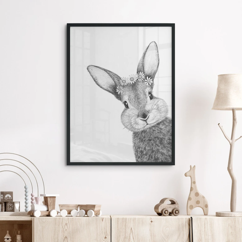 Póster Lindo conejito con flores de manzanilla - Korenkova 