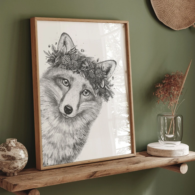Póster Zorro blanco y negro con corona de flores - Korenkova 