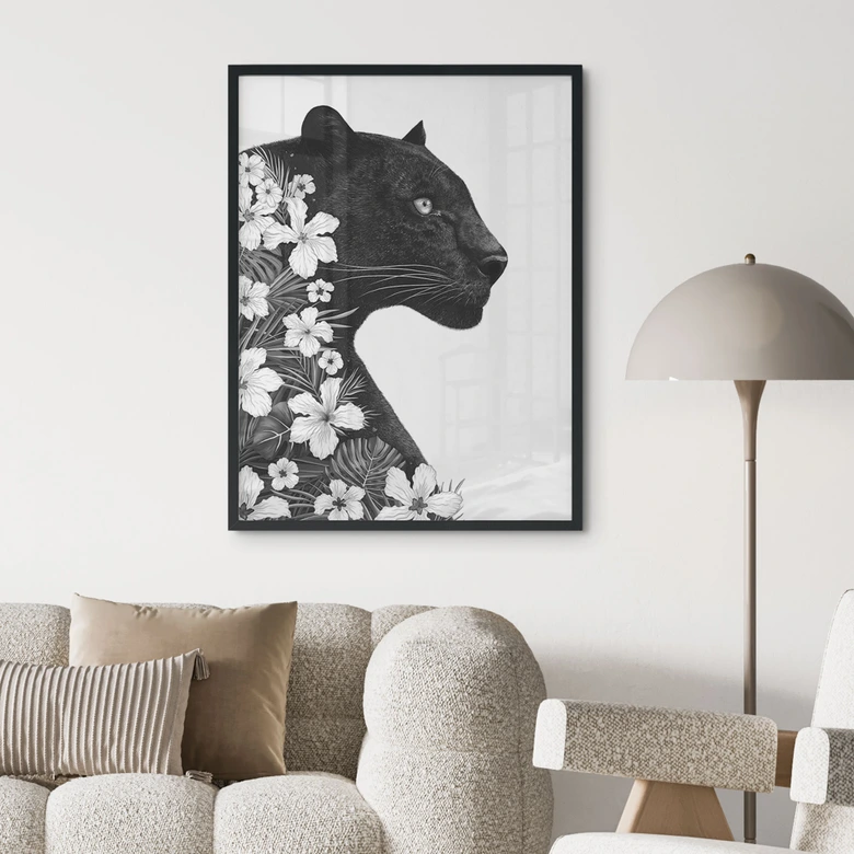 Póster Pantera negra con flores blancas - Korenkova 
