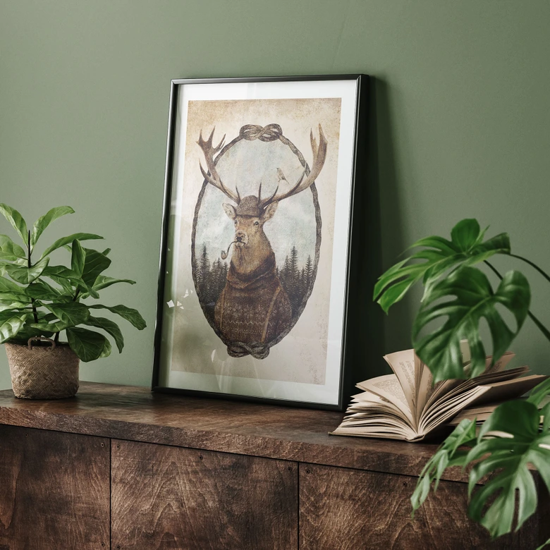 Plakat vintage hjort med pibe | dyreportræt til stuen - Koubou 