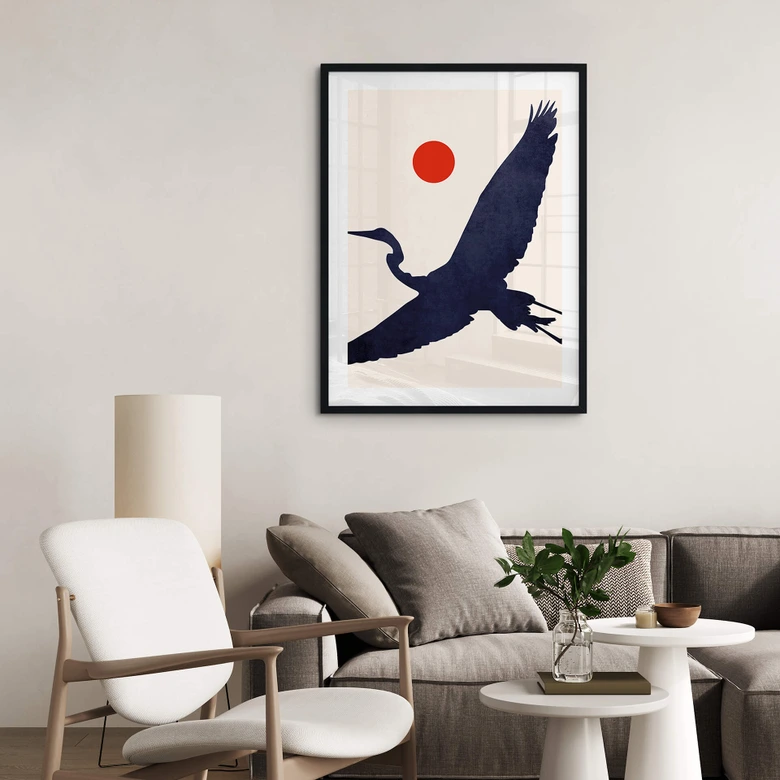 Poster Kubistika - Kranich mit roter Sonne 