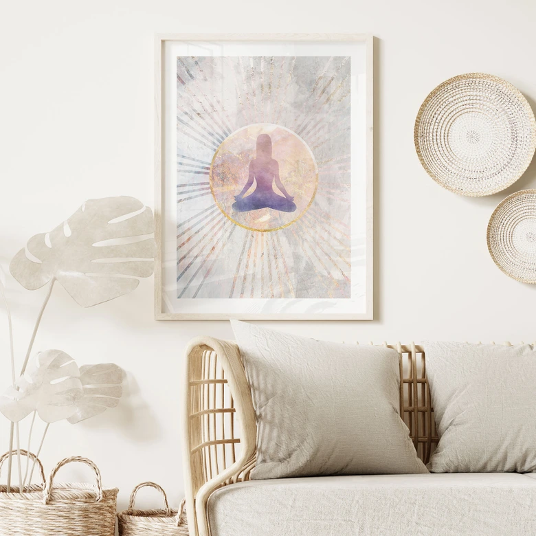 Plakat med lotusstilling - Meditation i det gyldne lys - Manovski 