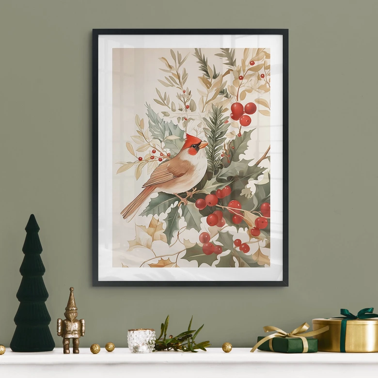 Poster Wintermotiv - Kardinalsvogel mit Beerenzweig - Melloi Art Prints 