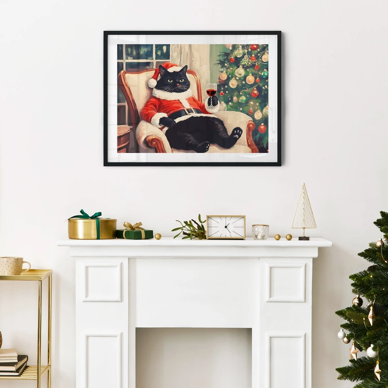 Poster humoristique Chat de Noël avec vin - Melloi Art Prints 