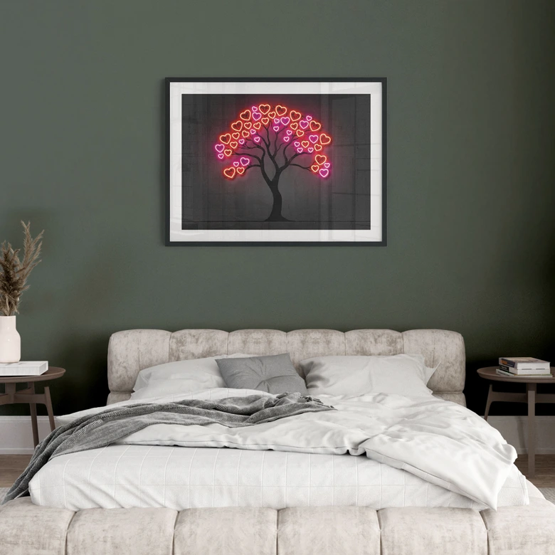 Poster im Neon-Look | Baum mit roten Herzen - Mielu 