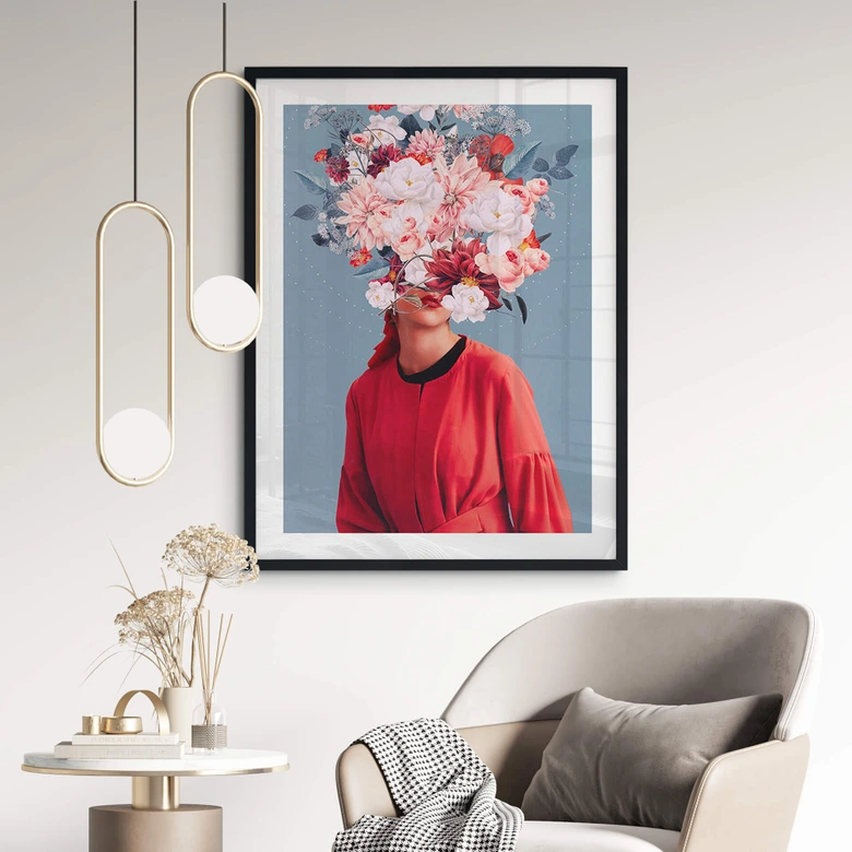 Plakat z portretem kwiatowym - Elegancka kobieta z okazałymi kwiatami - Ćma 