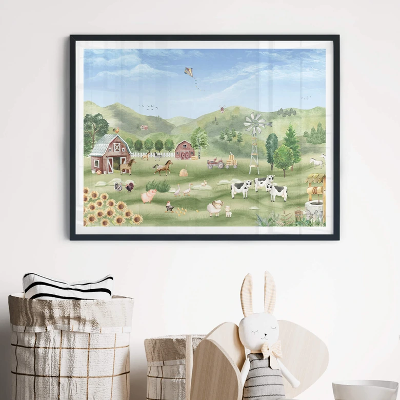 Poster - Oliver Robins - Kleurrijke boerderij met dieren 